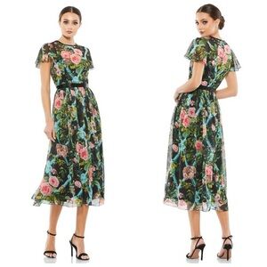 Mac Duggal 9149 Floral Illusion Flutter Sleeve MIDI Dress Size 2